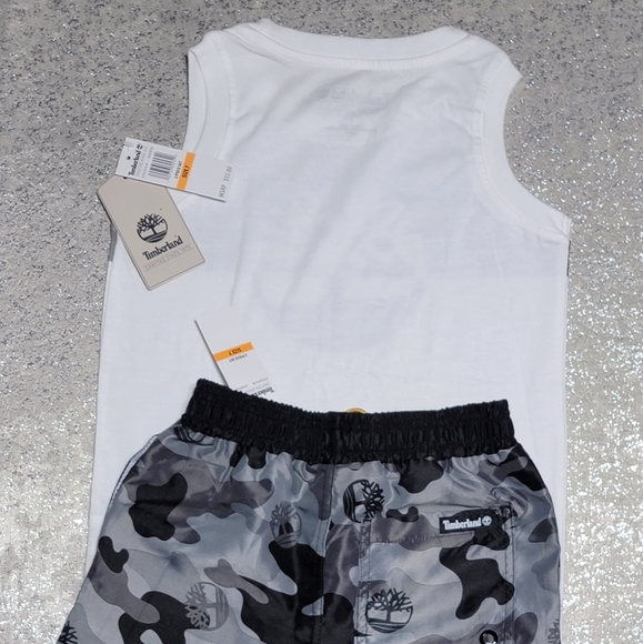 🤍🖤NEW Timberland White Sleeveless Shirt and Swim Shorts Boy's Size 7 - Picture 4 of 11